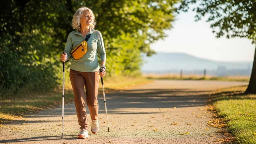 Modern aktív 70-es magyar nő (Loncika) nordic walking botokkal egy magyar park-túraúton, derűs reggel