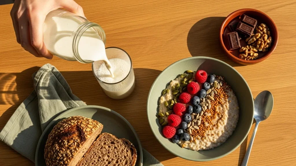 Felulnezeti modern magyar reggeli mid-action: kefir-zuhatag uvegpoharban, zabkasa friss bogyokkal magvakkal, magvas kenyer, sage-zold keramia