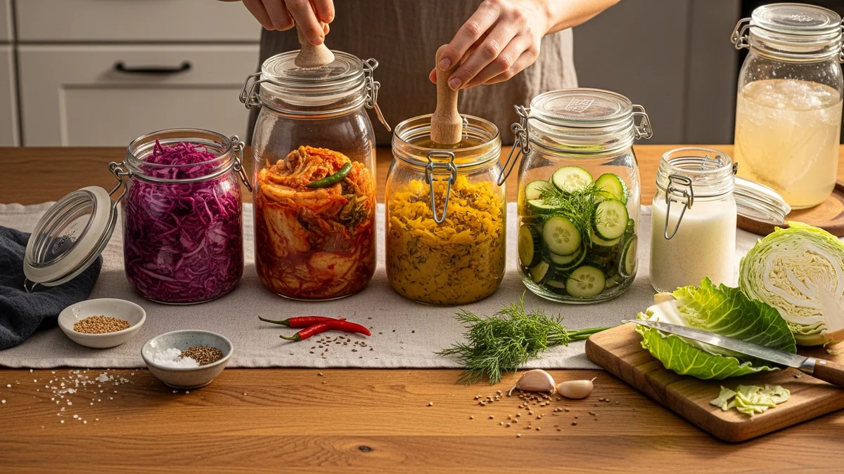 Modern fermentáló-állomás: Weck-csatos üvegek savanyú káposztával, kovászos uborkával, kimchivel egy fa konyhaasztalon