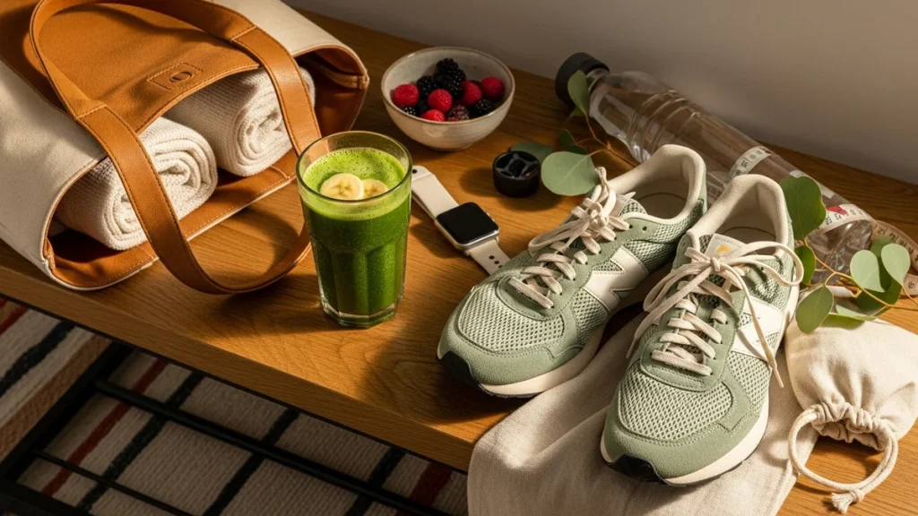 Reggeli aktív életkép: sport-szatyor, zöld smoothie és edzőcipő egy modern budapesti előszobában