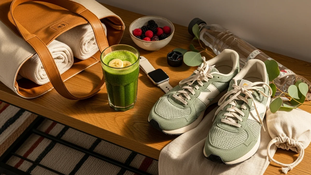 Reggeli aktív életkép: sport-szatyor, zöld smoothie és edzőcipő egy modern budapesti előszobában
