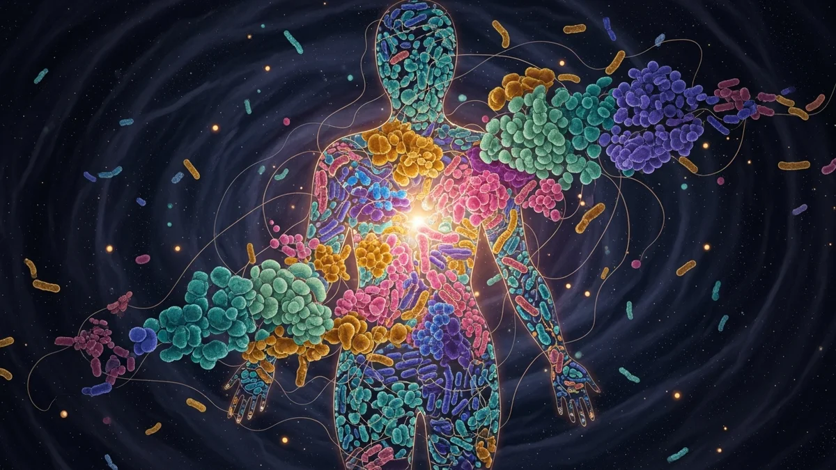 Festői editorial illusztráció: mikrobiom-univerzum mint csillagászati térkép organikus pontokkal