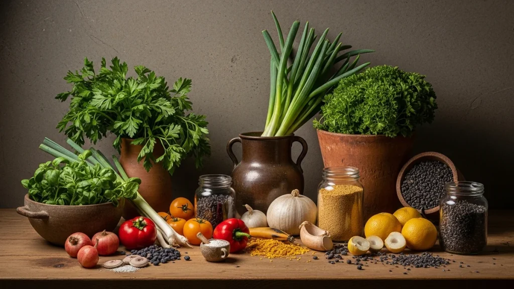 Editorial természetes still-life: friss rost-növények szabadon szétszórva fa-asztalon — articsóka, fűszernövények, hüvelyesek