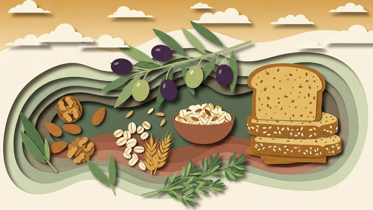 Festői editorial paper-cut illusztráció: organikus mediterrán-paletta — olíva-ág, magvas kenyér, lencse, dió